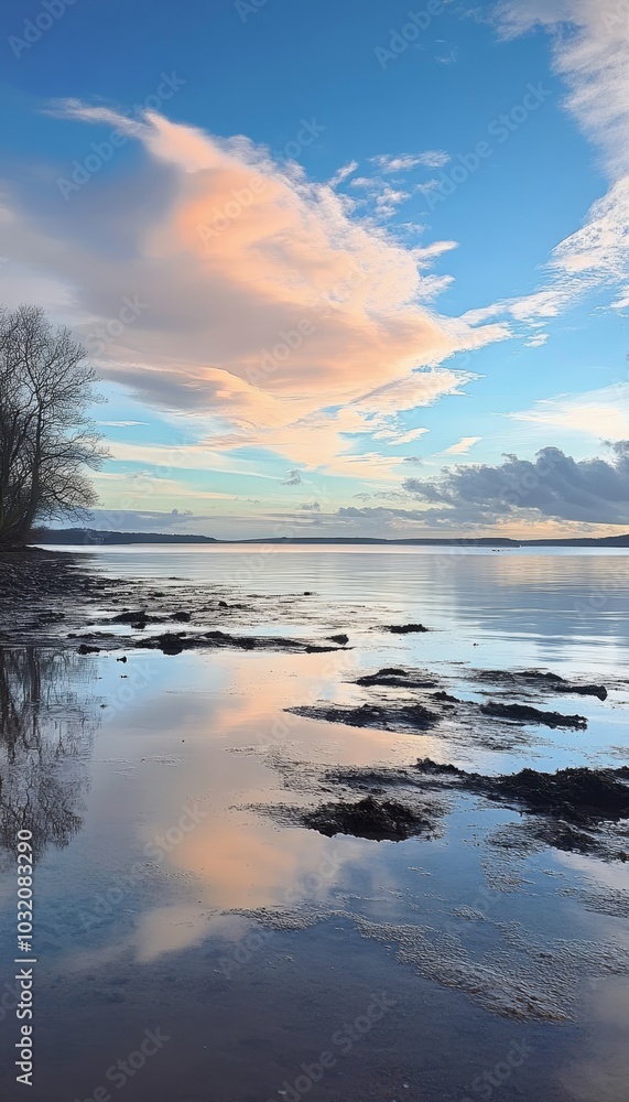 custom made wallpaper toronto digitalSerene Sunset Over Calm Lake with Pink Clouds Reflected in Water, Tranquil Evening Scene