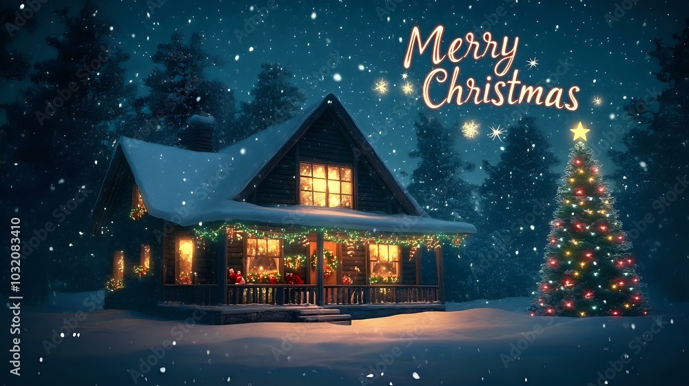 Fototapeta premium Cozy Christmas cabin in the woods with snow falling, a decorated tree outside, and 