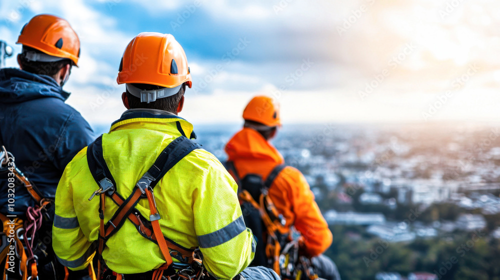 Safety conscious technicians in bright gear observe cityscape from height, showcasing teamwork and professionalism in thrilling environment Safety conscious technicians in bright gear observe cityscape from height, showcasing teamwork and professionalism in thrilling environment