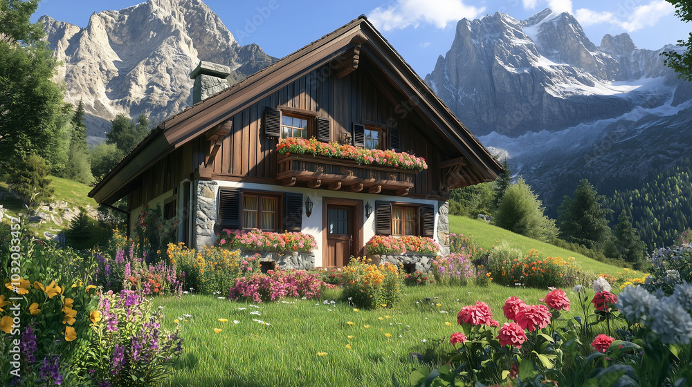 A classic Swiss chalet with dark wooden beams, a steeply sloped roof, and colorful flower boxes lining the windows. v2 A classic Swiss chalet with dark wooden beams, a steeply sloped roof, and colorful flower boxes lining the windows. v2