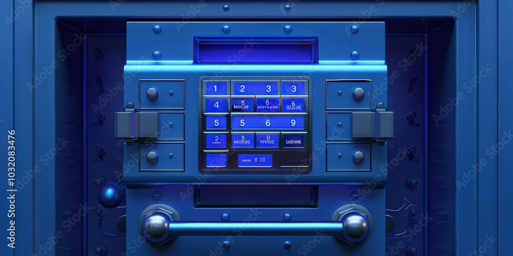 A stylish sapphire blue bank safety deposit box, protected by a digital keypad and thick layers of steel. A stylish sapphire blue bank safety deposit box, protected by a digital keypad and thick layers of steel.