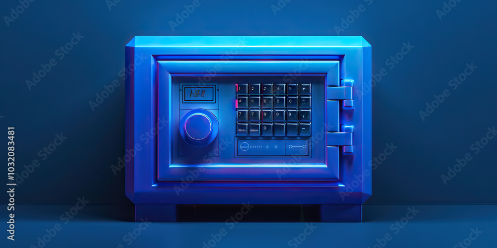 A stylish sapphire blue bank safety deposit box, protected by a digital keypad and thick layers of steel. A stylish sapphire blue bank safety deposit box, protected by a digital keypad and thick layers of steel.