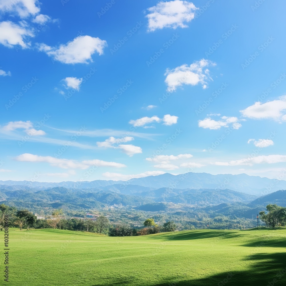 Green golf course with beautiful mountains and cloudy sky landscape panorama in sunny day Green golf course with beautiful mountains and cloudy sky landscape panorama in sunny day