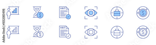 Business icon set in two styles, Duotone and Thin Line style. Editable stroke. time is money, target, vat, statistics, business presentation, vision