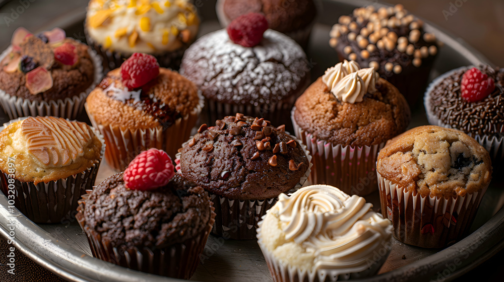 A platter of assorted muffins with various flavors A platter of assorted muffins with various flavors