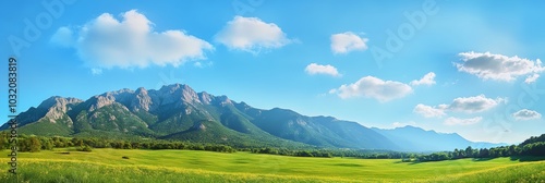 Green Meadow, Lush Trees, And Majestic Mountains Under A Blue Sky With White Clouds. Panoramic View