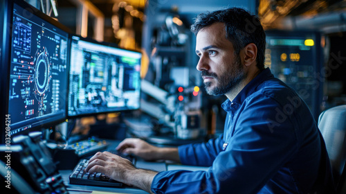 focused technician works in high tech control room, analyzing data on multiple screens. environment is filled with advanced technology, showcasing blend of concentration and innovation