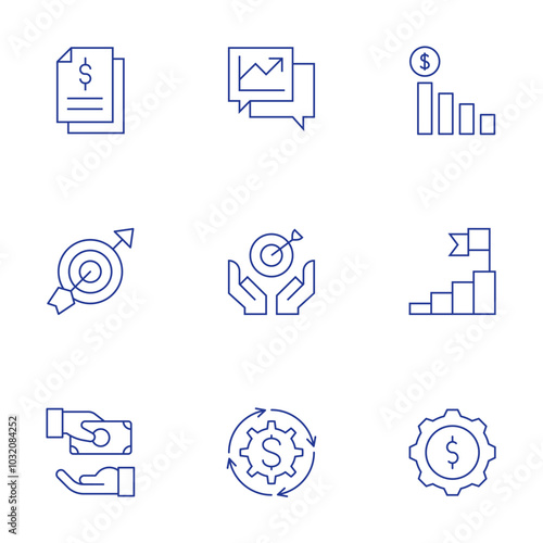Business icons set. Thin Line style, editable stroke. graphs, graphic, goal, give money, gear, file