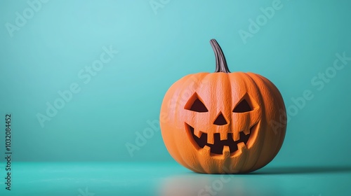 A carved pumpkin with a spooky face sits against a teal background, capturing the essence of Halloween festivities.