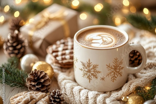 Hot coffee mug with sweets, gifts and pine cones on the table, gold background with white garlands, Generative AI