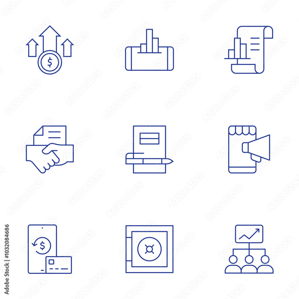 Business icons set. Thin Line style, editable stroke. subscription, strongbox, strategy, profits, analytics, agreement, agenda, advertisement Business icons set. Thin Line style, editable stroke. subscription, strongbox, strategy, profits, analytics, agreement, agenda, advertisement