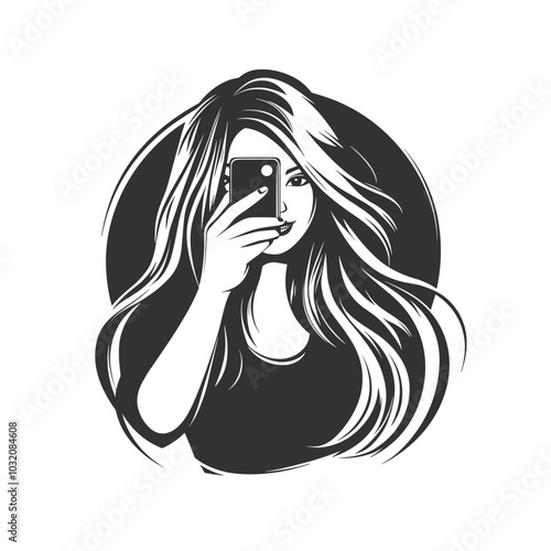 vector drawing silhouette girl holding phone in hands on white background .Generative AI