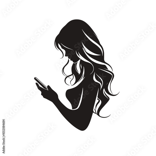 vector drawing silhouette girl holding phone in hands on white background .Generative AI