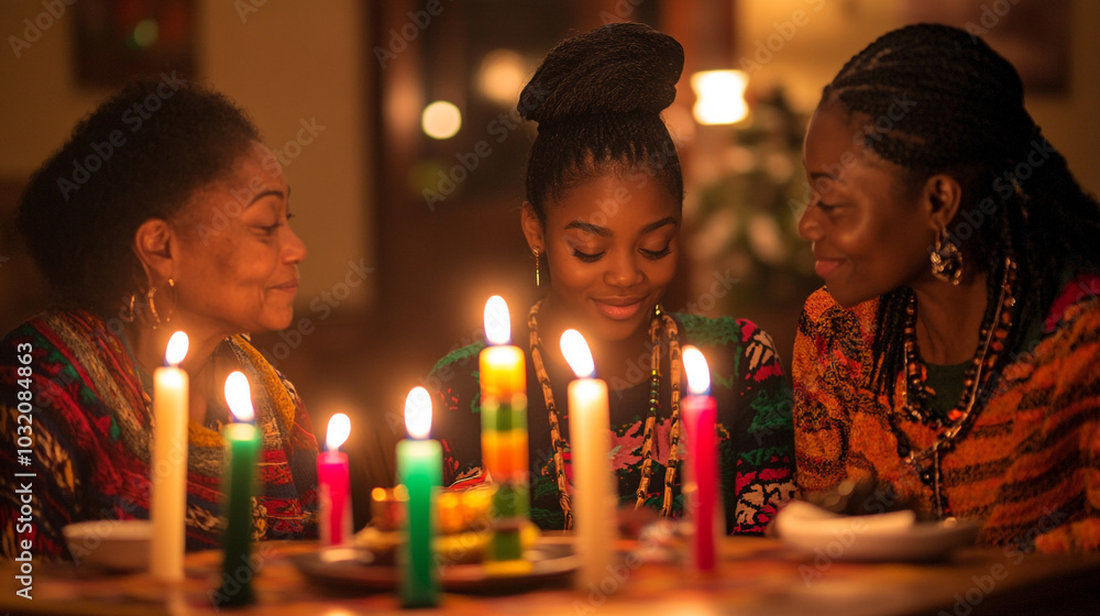 Celebrating Kwanzaa with family around a candlelit table during a joyful evening gathering Celebrating Kwanzaa with family around a candlelit table during a joyful evening gathering