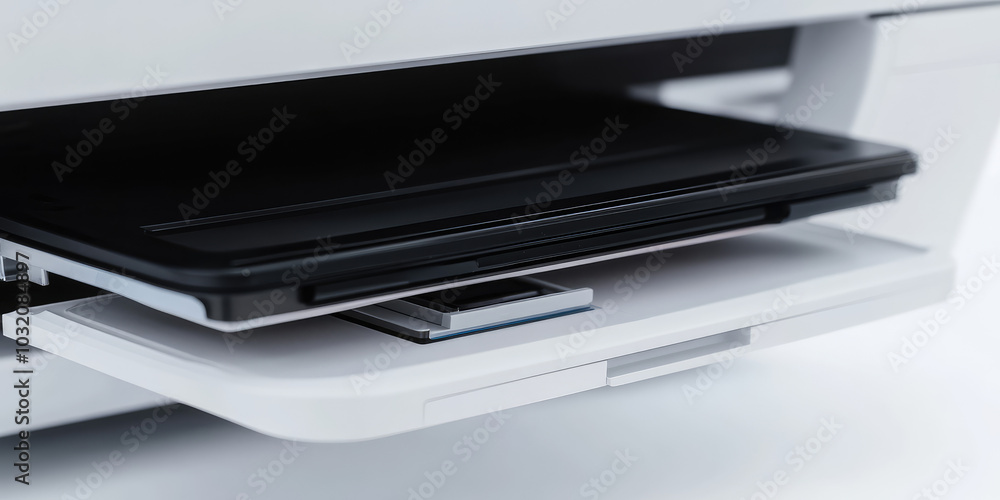 Closeup Electronic office printer in office, digital technology device for printing, copying and scanning fax document Closeup Electronic office printer in office, digital technology device for printing, copying and scanning fax document