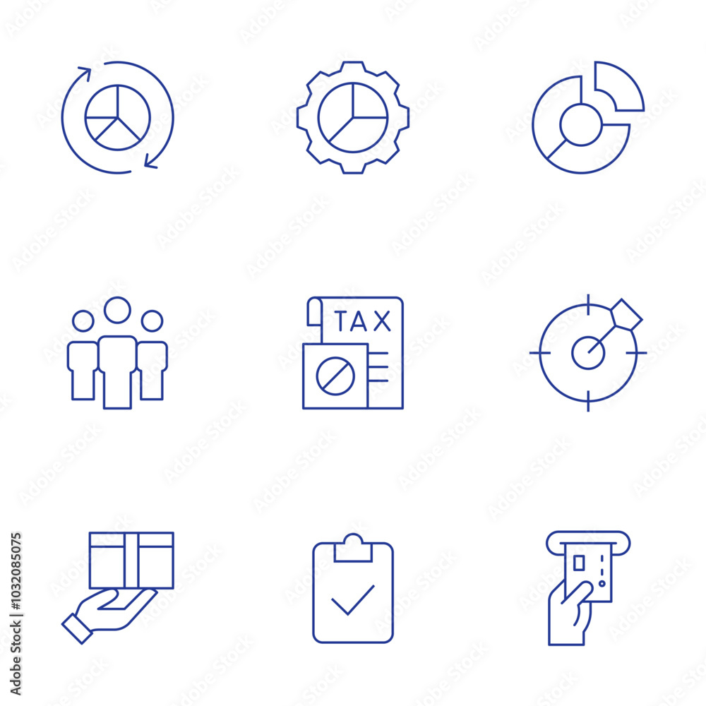 Business icons set. Thin Line style, editable stroke. teamwork, tax, target, profit, audit, atm, pie chart Business icons set. Thin Line style, editable stroke. teamwork, tax, target, profit, audit, atm, pie chart
