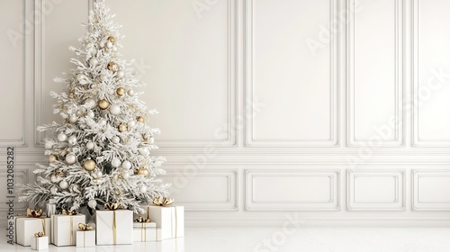 Christmas tree surrounded by presents in a minimalist clean white background