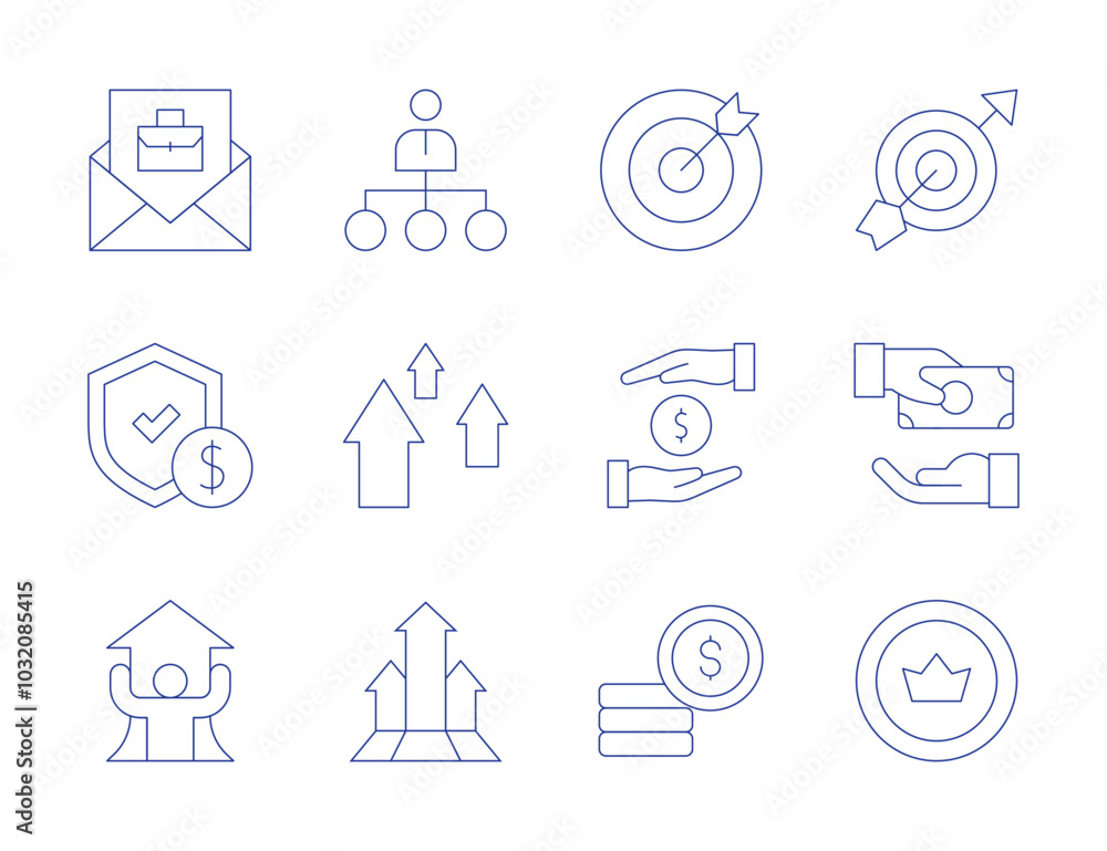 Business icons. Thin Line style, editable stroke. goal, give, give money, coin, hired, hierarchy, guarantee, growth Business icons. Thin Line style, editable stroke. goal, give, give money, coin, hired, hierarchy, guarantee, growth