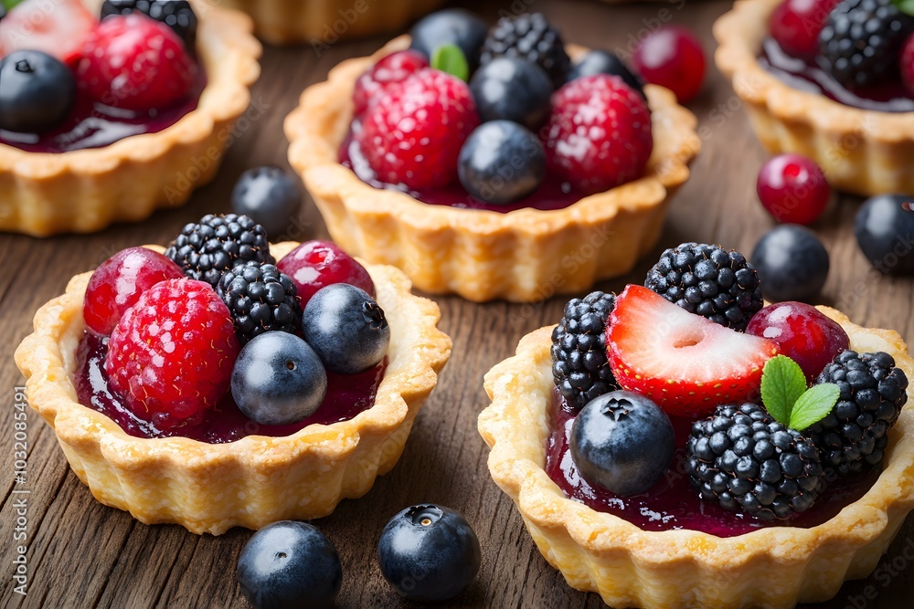 A close-up of fruit tarts filled with berries and glossy jelly on a wooden surface. A close-up of fruit tarts filled with berries and glossy jelly on a wooden surface.