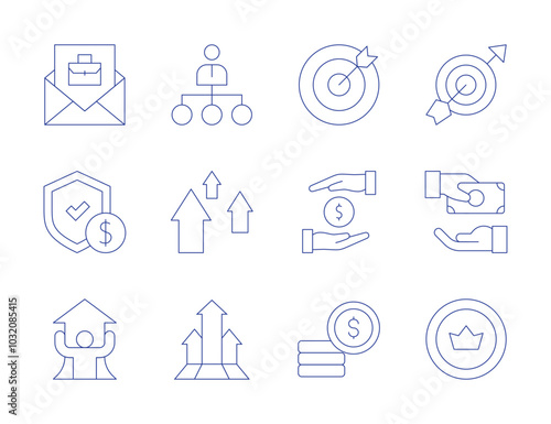 Business icons. Thin Line style, editable stroke. goal, give, give money, coin, hired, hierarchy, guarantee, growth