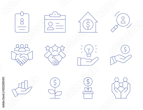 Business icons. Thin Line style, editable stroke. id card, home, hiring, handshake, hand, growth, family