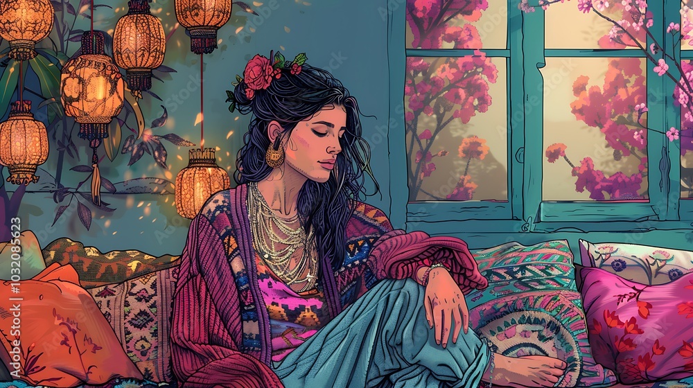 Fototapeta premium A woman with long black hair sits on a colorful couch with a window behind her. She is wearing a pink cardigan and has flowers in her hair. There are lanterns hanging from the ceiling.