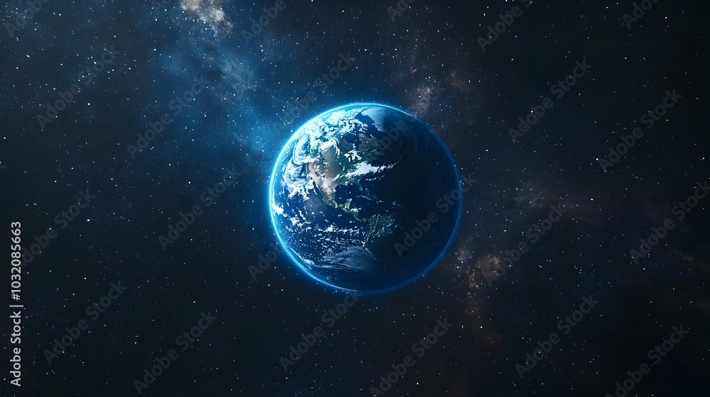 Earth Seen from Distant Alien Perspective as Glowing Blue Gem in Vast Cosmic Expanse Earth Seen from Distant Alien Perspective as Glowing Blue Gem in Vast Cosmic Expanse