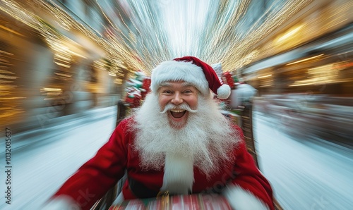 Santa speeding through festive snow-covered street photo