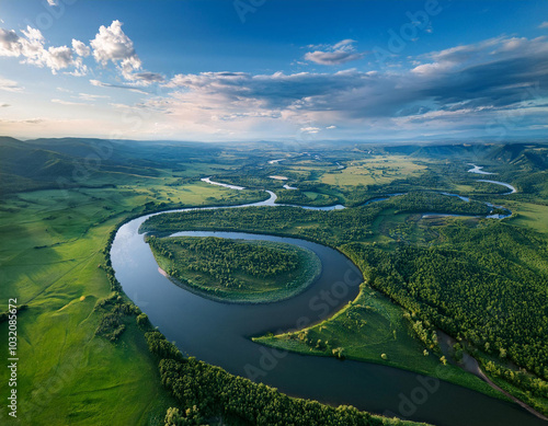 Detailed Aerial View of a Meandering River Through Lush Greenery photo