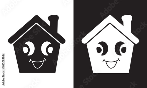 Cartoon house with a smile and face. isolated on white and black background. Vector illustration. EPS 10