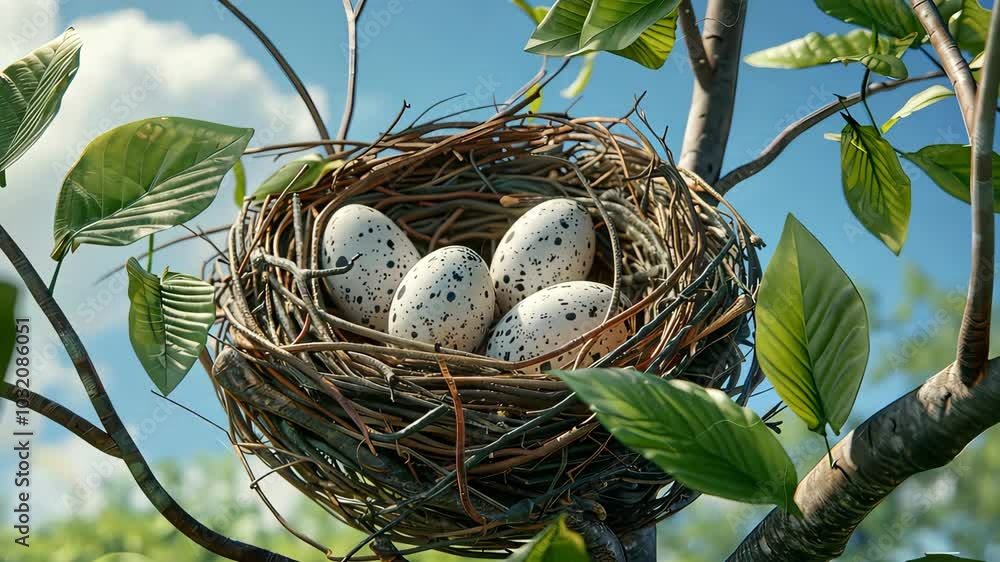 Bird's nest with speckled eggs in a tree, springtime nature scene. Wildlife and natural habitat concept. Bird's nest with speckled eggs in a tree, springtime nature scene. Wildlife and natural habitat concept.
