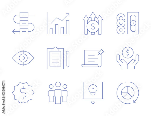 Business icons. Thin Line style, editable stroke. workflow, vision, sticker, teamwork, money, profit, notes, presentation, pie chart, revenue, report