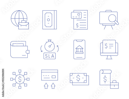 Business icons. Thin Line style, editable stroke. worldwide, wallet, strategy, transfer, analysis, accounting, payment, online banking, sla, money, report