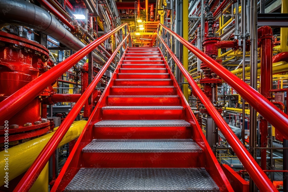Red Metal Staircase in an Industrial Setting Red Metal Staircase in an Industrial Setting