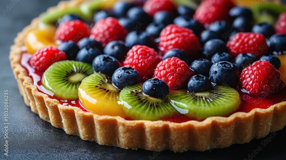 A delicious fruit tart with a flaky crust and a variety of fresh fruits, including kiwi, raspberries, and blueberries. A delicious fruit tart with a flaky crust and a variety of fresh fruits, including kiwi, raspberries, and blueberries.
