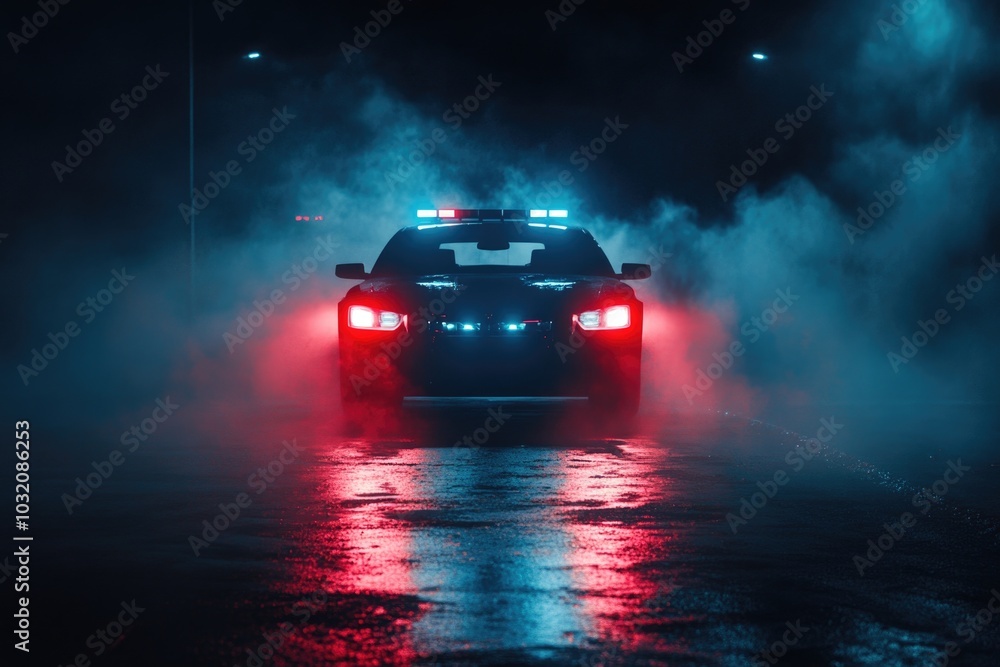 A police car navigates through a foggy street at night, providing emergency services in challenging conditions A police car navigates through a foggy street at night, providing emergency services in challenging conditions