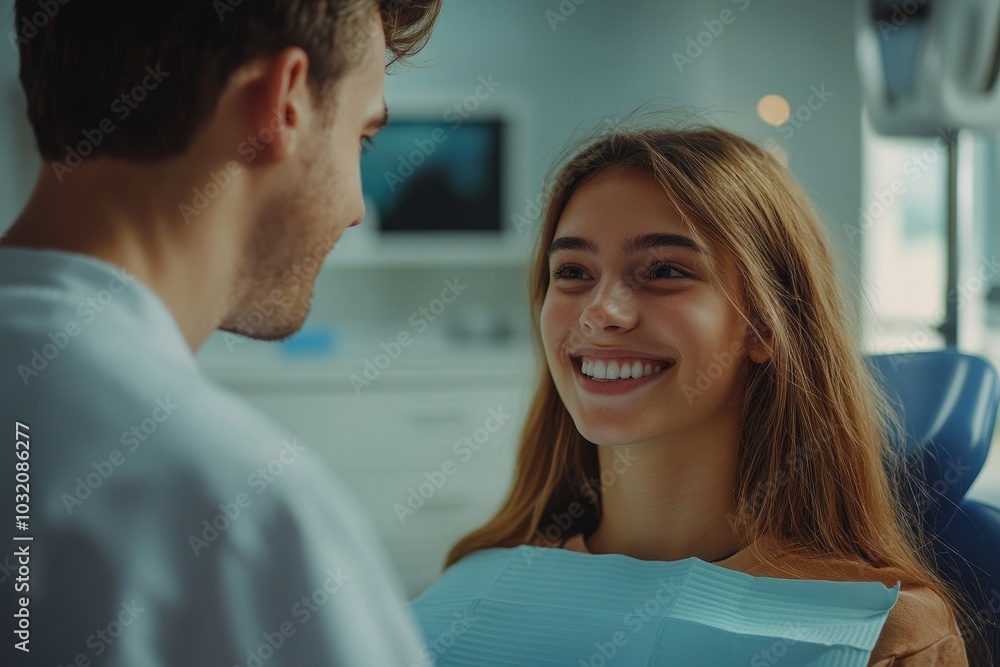 Fototapeta premium Cheerful male dentist checking the teeth of girl teenager, preparing for dental treatment in clinic, Generative AI