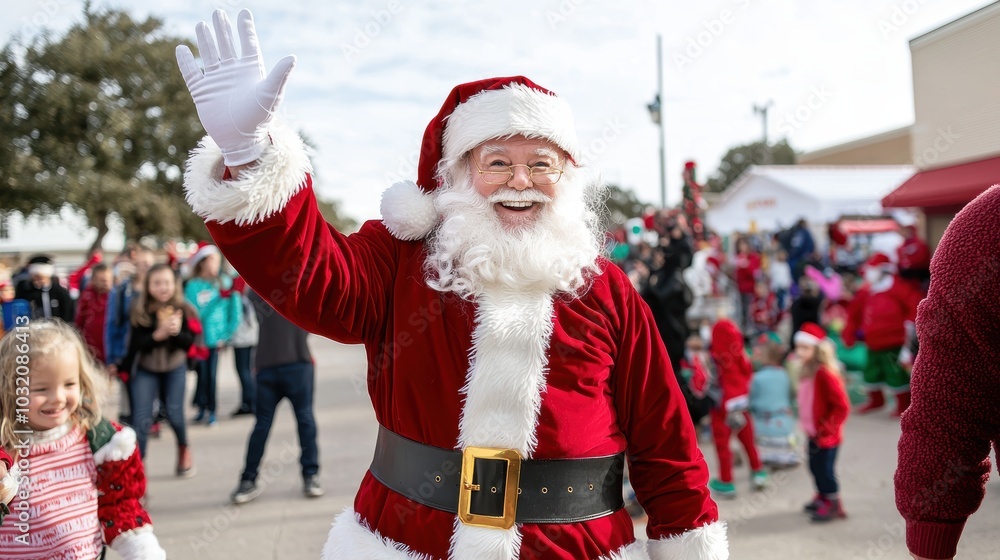 Jolly Santa Claus Waving to Children at Christmas Event Jolly Santa Claus Waving to Children at Christmas Event