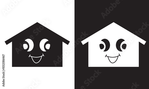 Cartoon house with a smile and face. isolated on white and black background. Vector illustration. EPS 10