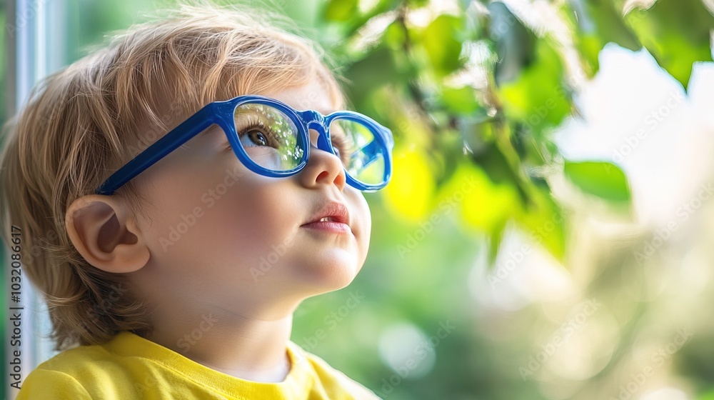 Young child wearing blue glasses focusing on distant tree outside window, symbolizing myopia prevention and importance of outdoor activities. Young child wearing blue glasses focusing on distant tree outside window, symbolizing myopia prevention and importance of outdoor activities.
