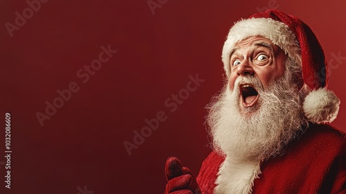 Santa in profile, open-mouthed, red glowing background. photo