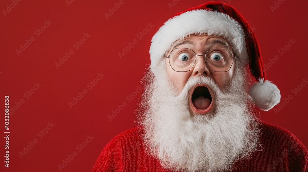Santa Claus wide-eyed, wearing glasses, red background Santa Claus wide-eyed, wearing glasses, red background
