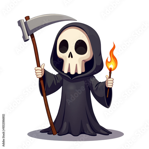 Grim reaper death with scythe. Cute isolated cartoon illustration for halloween in png format.