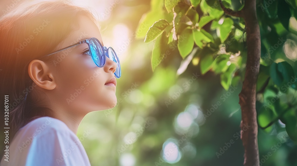 Young child wearing blue glasses focusing on distant tree outside window, symbolizing myopia prevention and importance of outdoor activities. Young child wearing blue glasses focusing on distant tree outside window, symbolizing myopia prevention and importance of outdoor activities.