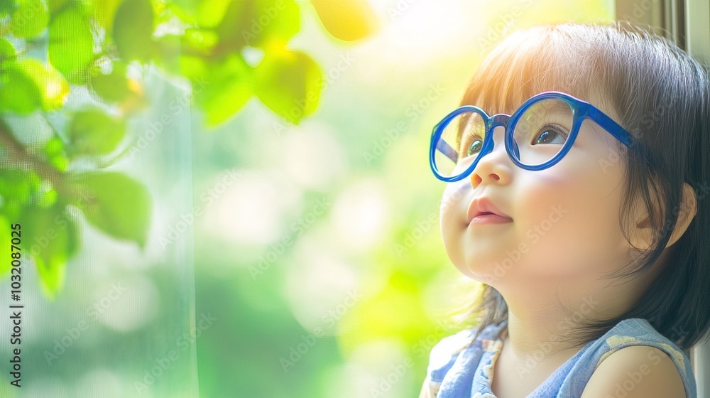 Young child wearing blue glasses focusing on distant tree outside window, symbolizing myopia prevention and importance of outdoor activities. Young child wearing blue glasses focusing on distant tree outside window, symbolizing myopia prevention and importance of outdoor activities.