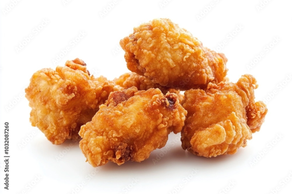 A plate of crispy fried chicken sitting on a clean white surface A plate of crispy fried chicken sitting on a clean white surface
