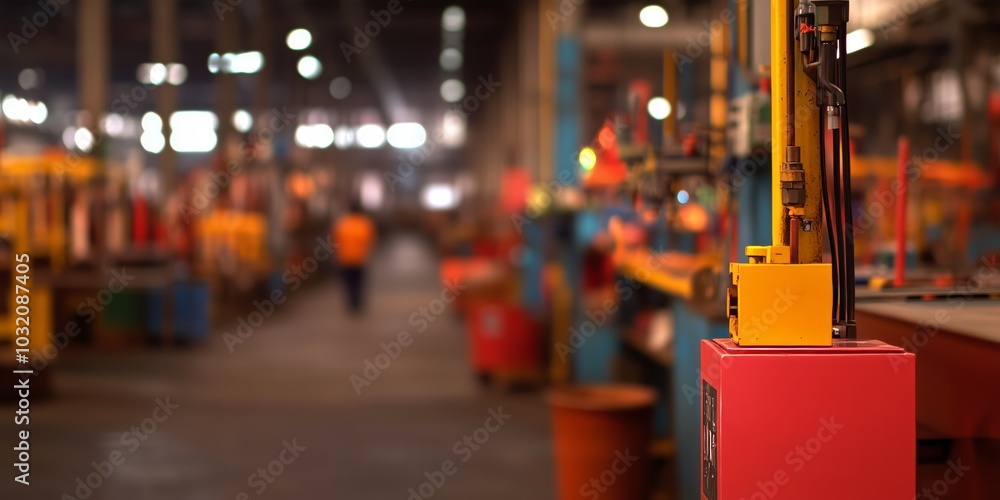 Factory worker in an orange vest overseeing automated machinery on the production line. Industrial engineering concept Factory worker in an orange vest overseeing automated machinery on the production line. Industrial engineering concept