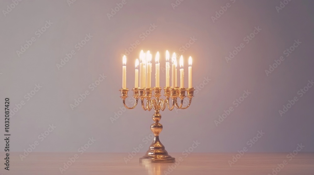 A golden menorah with five lit candles on top, perfect for Jewish holidays and celebrations A golden menorah with five lit candles on top, perfect for Jewish holidays and celebrations