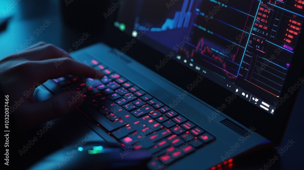 Person Typing on Laptop in Dark Room Person Typing on Laptop in Dark Room