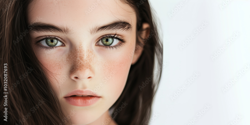 Close-up portrait of a young model with captivating green eyes and natural freckles, embodying youthful elegance, minimalism and purity, natural beauty banner, isolated on a white background Close-up portrait of a young model with captivating green eyes and natural freckles, embodying youthful elegance, minimalism and purity, natural beauty banner, isolated on a white background